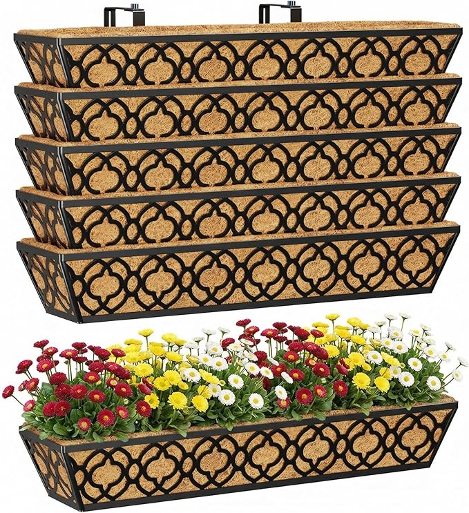 Y&M Deck Railing Planter Boxes 30 Inch 6 Pack, Adjustable Balcony Planter for Outdoor Plants, Metal Railing Planter Box for Deck, Fence and Porch, Window Boxes Outdoor, Sturdy Hanging Planter
