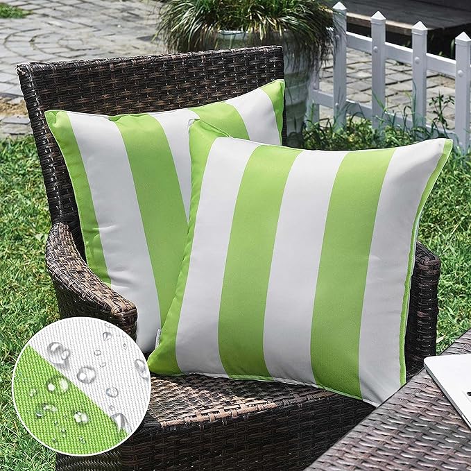 Western Home Pack of 2 Decorative Outdoor Solid Waterproof Striped Throw Pillow Covers Polyester Linen Garden Farmhouse Cushion Cases for Patio Tent Balcony Couch Sofa 18x18 inch Green