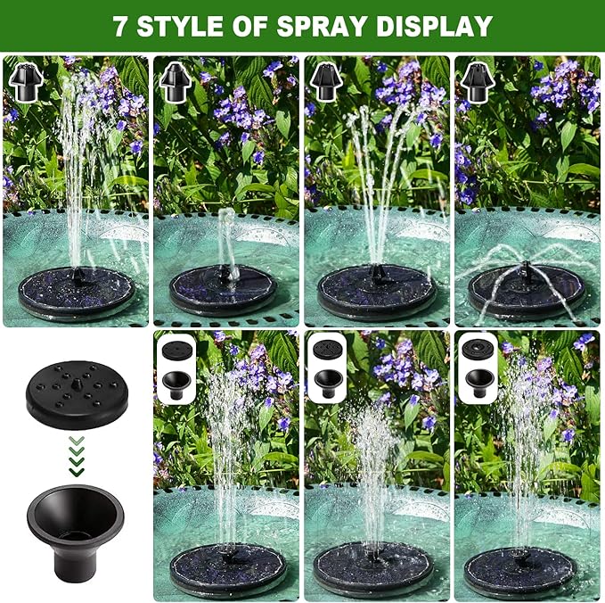 Yzert Solar Fountain with 2000 mAh Battery Backup Works in Cloudy, Glass Solar Powered Bird Bath Fountains with 7 Nozzles, 3.5 W Solar Fountain Pump for Birdbath,Garden, Outdoor, Pond