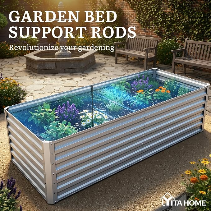 YITAHOME 2pcs 6x3x2ft Large Raised Garden Bed Kit, Galvanized Metal Planter Box with Gloves, Ground Nails, Support Rod, Outdoor Above Ground Planters for Plants Vegetables Flowers, Silver