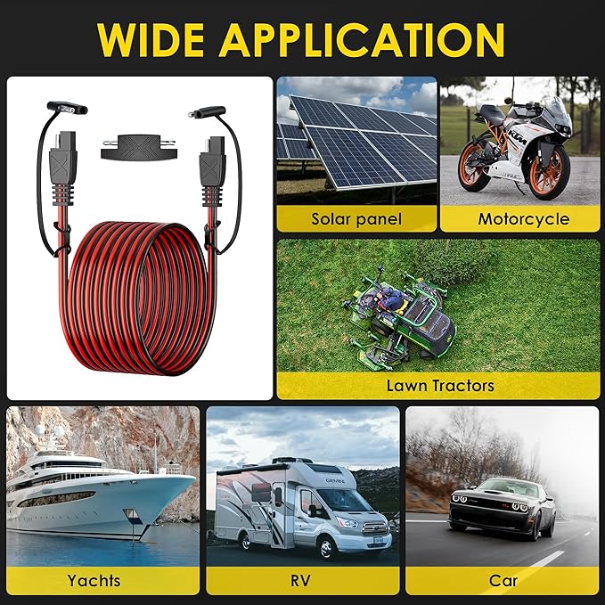 SUNAPEX SAE to SAE Extension Cable: 16 AWG 15 FT Pure Copper Cord - Waterproof Quick Disconnect Wire Connectors with Polarity Reverse Adapter Dust Caps for Automotive, Solar Panel, RV, Battery Charger