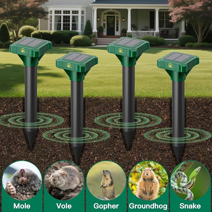 8 Pack Mole Repellent Solar Powered, Gopher Repellent Ultrasonic for Lawns, IP65 Waterproof Mole Deterrent for Yard, Outdoor Pest Control for Groundhog, Vole, Armadillo, Chipmunk, Snake