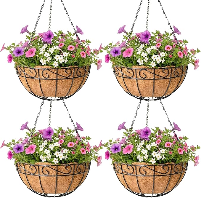 4 Pack Hanging Planter for Outdoor Plants 12 inch Metal Hanging Flower Basket with Coco Coir Liner Round Wire Plant Holder Chain Flower Pots Outdoor Garden Decoration Watering Hanging Baskets（HB）