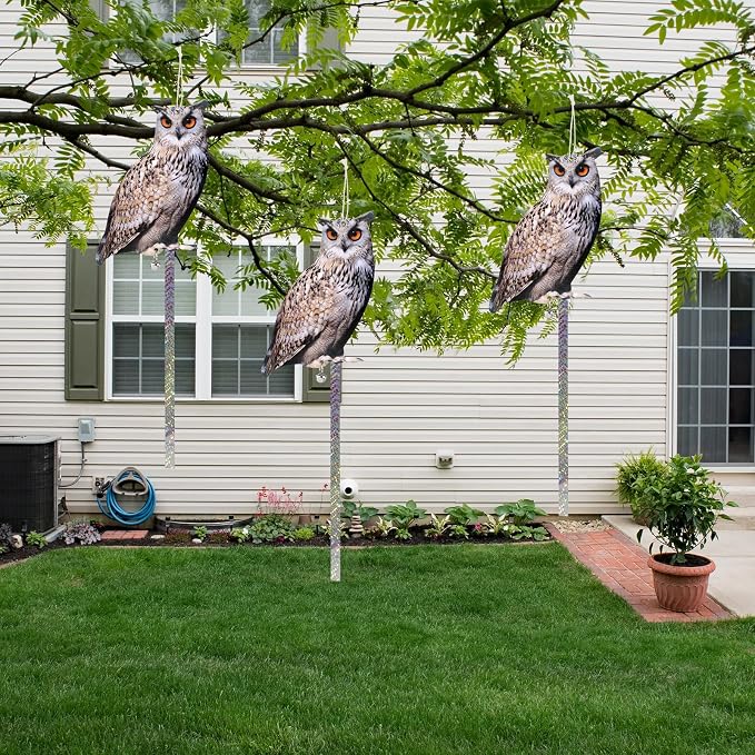 5 Pack Owl Scare Reflective Hanging Owl Decoration, Effective Animal Control Device to Scare Pigeons and Woodpeckers Away from Patio and Garden
