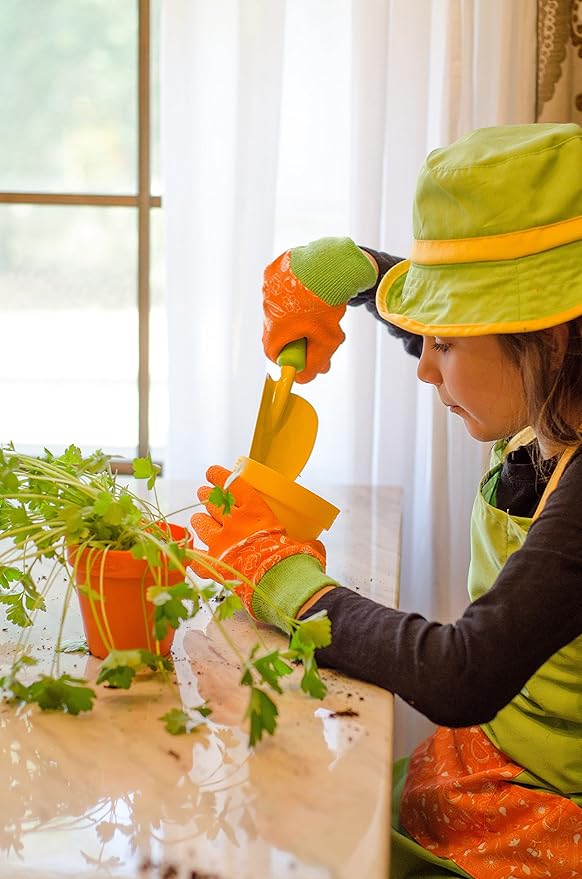 Curious Gardener 12 Piece Gardening Tool Set for Kids Ages 4-8 Years - Grower's Set - Includes Trowel, Shovel, Shears, 3 Nursery Pots, 3 Markers, and 2 Marker Sticker Sheets