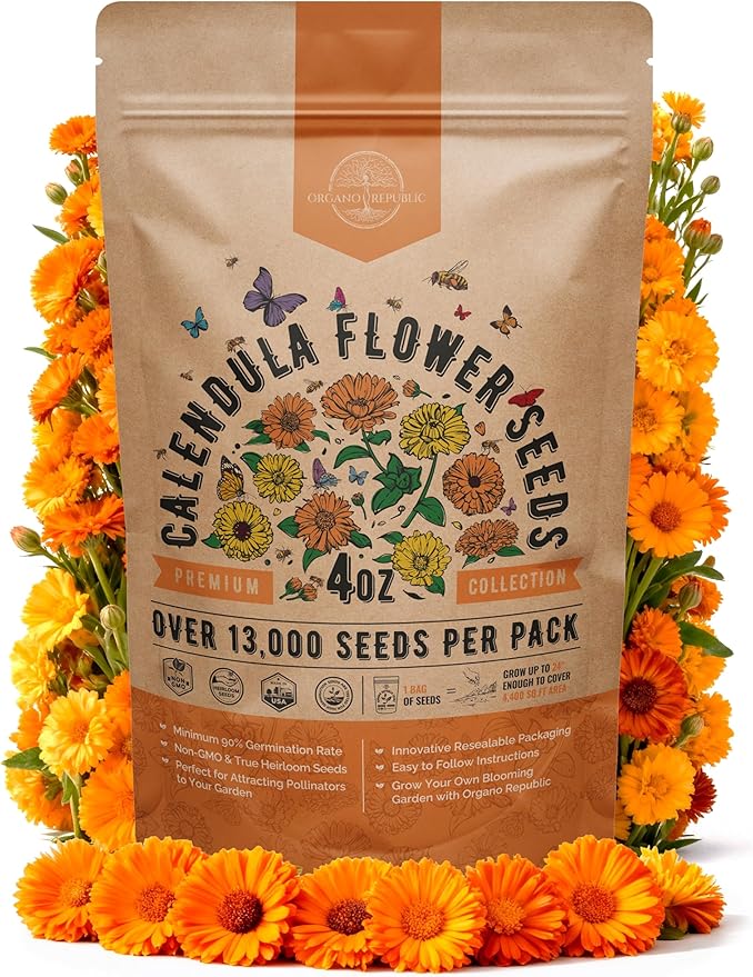 Calendula Seeds Pack 4 oz - Over 13,000 Non-GMO Heirloom Calendula Seeds for Planting Indoor & Outdoor Gardening, Flower Seed for Planting Home and Garden, Flowers Seed in Individual Packet