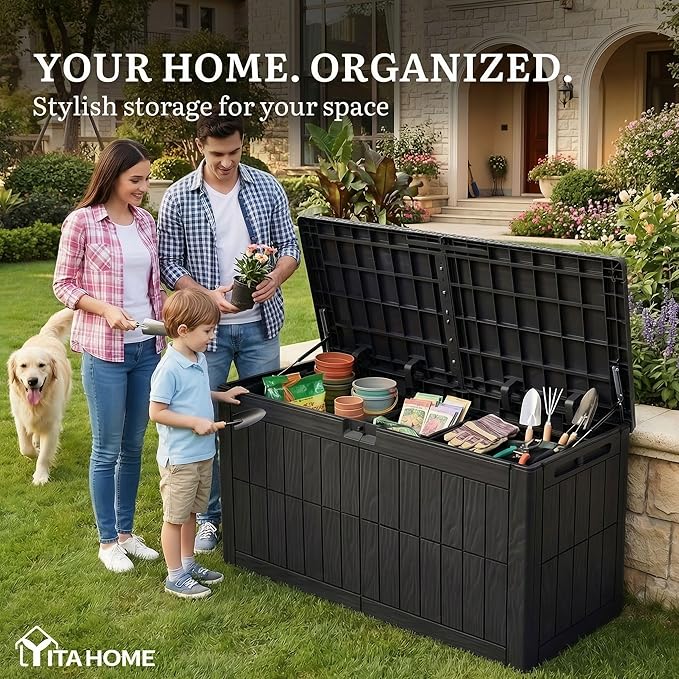 YITAHOME 110 Gallon Outdoor Deck Box, Waterproof Resin Storage Box with Lock, Lockable Patio Furniture Bin, 2-Person Bench Seating for Outdoor Cushions, Garden Tools & Sports/Pool Supplies, Black