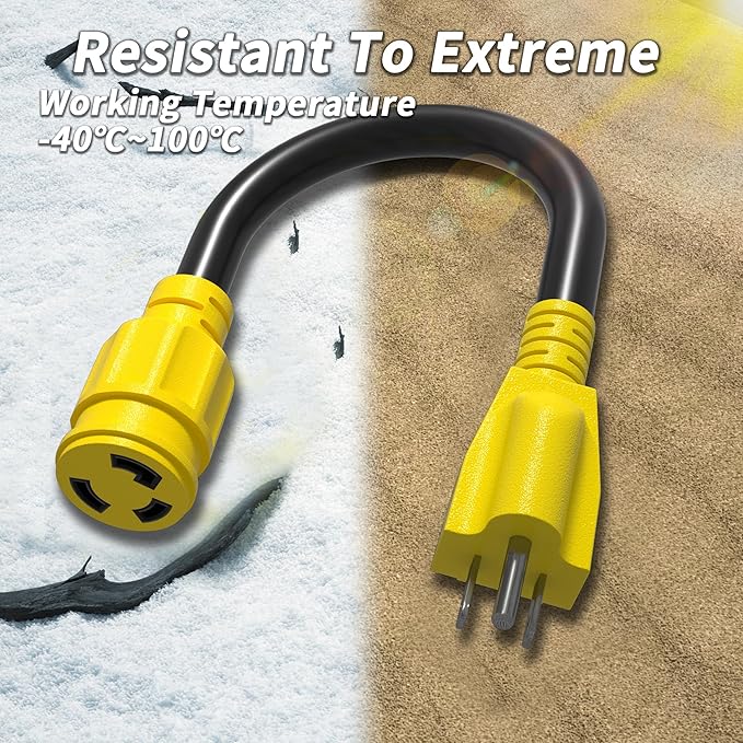 PlugSaf 3 Prong 15 Amp to 30 Amp RV Generator Adapter Cord, NEMA 5-15 Male Plug to NEMA L5-30 Female Plug, 12 Inch(1 FT) 10 Gauge STW Heavy Duty Power Cord, Max 15A 125V 1875W, Yellow, ETL Listed