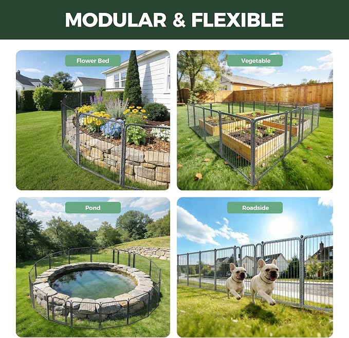 FXW Garden Fence Outdoor for the Yard – 24in(H) x 15.2ft(L) Heavy Duty Metal Animal Barrier for Dog, No Dig Decorative Dog Fence, 8 Panels, Silver