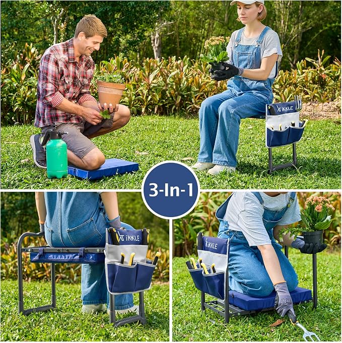 ikkle Garden Kneeler and Seat, Gardening Stool with Thicken & Widen Soft Kneeling Pad, Heavy Duty Foldable Gardener Stool with Tool Pouch, Gift for Gardeners, Holds 838LB+