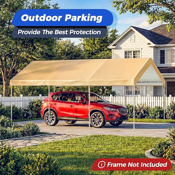 10x20 FT Carport Canopy Replacement Cover, Heavy Duty Car Garage Top Tent Shelter Tarp, Waterproof & UV Protected, Easy Installation with Ball Bungees, Beige (Frame Not Included)