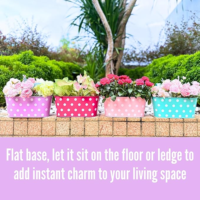 LaLaGreen Rail Planter (17 Inch, 6 Pack) Colorful Polka Dot Hanging Flower Pots Railing Fence Balcony Gardening for Apartment Patio Planters Iron Garden Outdoor Deck Decoration Porch Decor