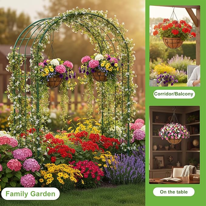 Classic Round Wire Hanging Basket 4 Packs 12 Inch Deep Coco Liner Water-Absorbing All-Weather Garden Deck Hanging Planter with Chain Flower Pot