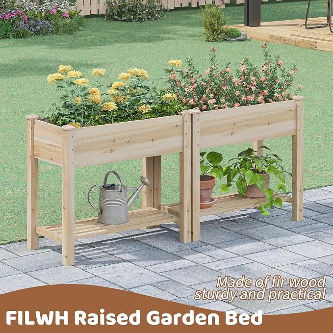 Raised Garden Bed with Legs Elevated Wooden Planter Box Stand Large Planter Stand Box for Fruits Vegetables Flowers with Divider with Bag - 34x18x30.5IN