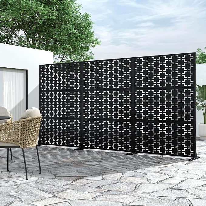 Casaphoria 72" H x 47" W Metal Outdoor Privacy Screen, Freestanding Decorative Divider for Patio, Deck, Balcony, and Garden with Stable Base, Black-Square