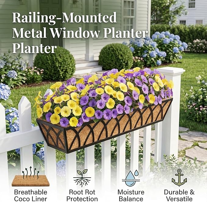 30 Inch 2 Pack Railing Planter with Adjustable Brackets, Window Box with Coco Liner, Hanging Metal Flower Box for Balcony Deck Fence Porch, Black
