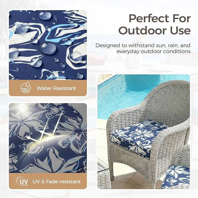 UNIKOME Outdoor Chair Cushions Set of 4, Water Resistant Patio Seat Cushions with Ties for Outdoor Furniture, High-Density Foam, UV & Fade Resistant, Piped Edge – 18.5" x 16" x 3", Blue-White Flower