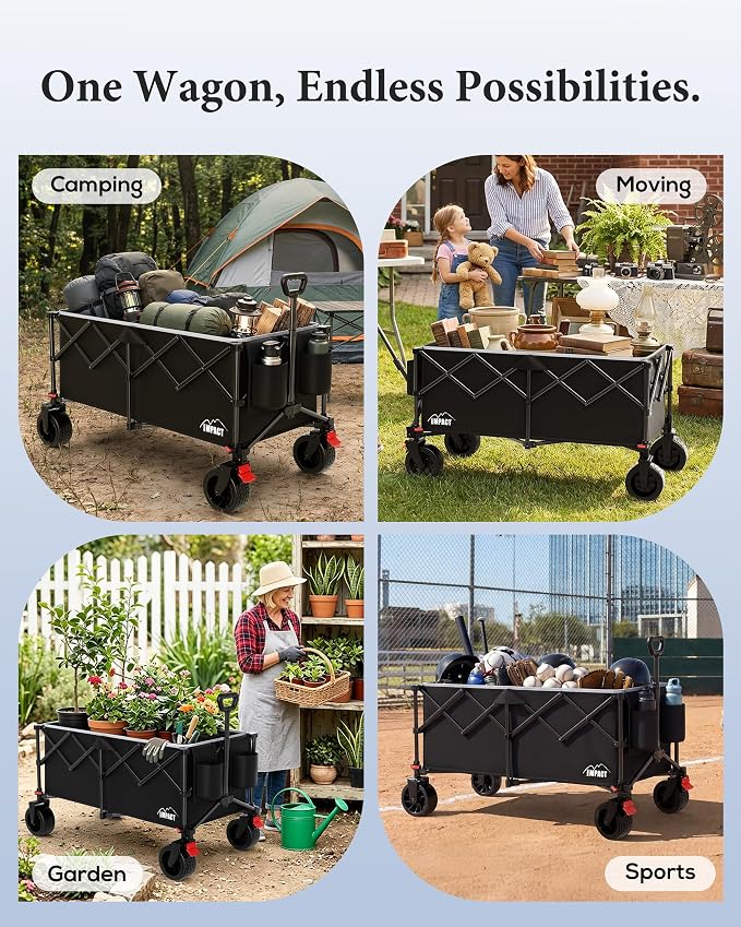 47" Collapsible Wagon Cart Foldable 300L Capacity Compact Folded Size | 330 lbs Heavy Duty Utility Wagon, Removable Fabric & Wheels, Cup Holders, For Shopping Camping Sports Moving