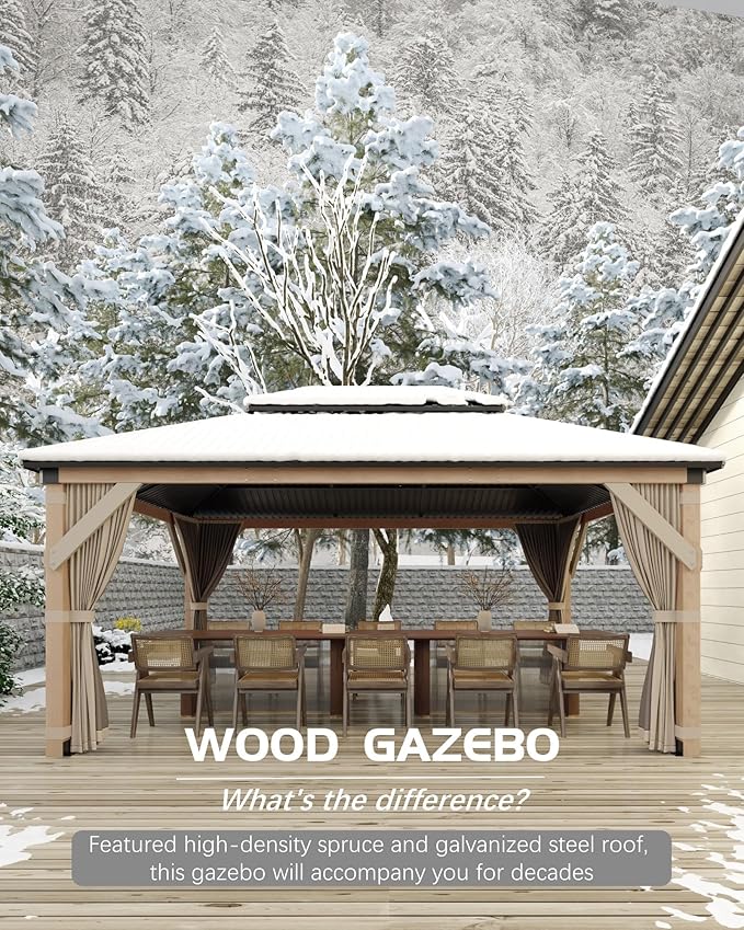 10x12 ft Hardtop Wood Gazebo for All Weather, Double Metal Roof, Heavy Duty Cedar Frame, Curtains & Netting, Permanent Outdoor Pavilion for Patio, Deck, Backyard, Lawn, Garden, Khaki