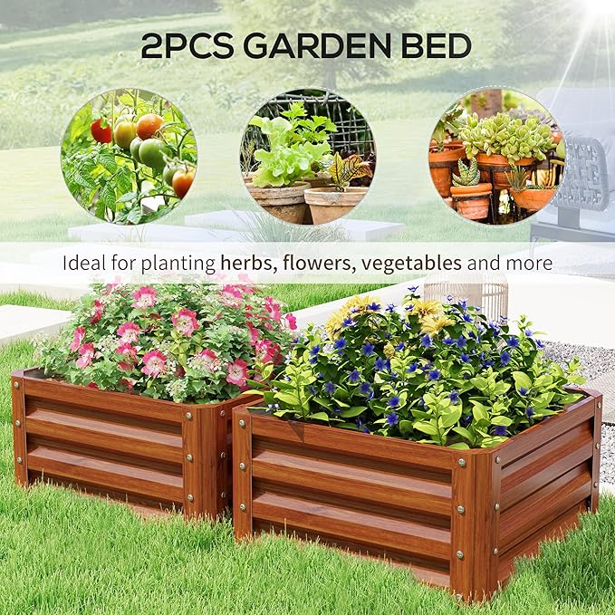 Outsunny 2 Piece Galvanized Raised Garden Bed, 2' x 2' x 1' Metal Planter Box for Growing Vegetables, Flowers, Herbs, Succulents, Brown