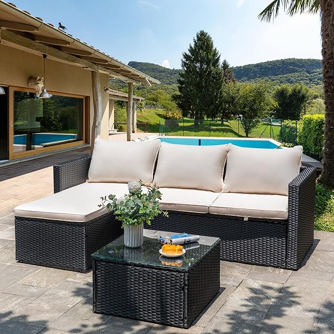 Shintenchi 4 Pieces Patio Furniture Sets, Outdoor Sofa Patio Sectional Sets All Weather, Wicker Rattan Seating Sofa Couch withwith Cushions & Coffee Table for Yard, Garden, Porch, Poolside (Beige)