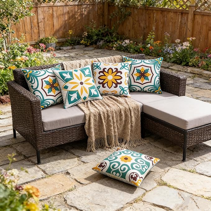 Pyonic Waterproof Outdoor Pillow Covers 18x18 inch Set of 4 Morocco Vintage Floral Boho Throw Pillow Covers Water Resist Outdoor Pillows for Patio Furniture Garden Yard,Turquoise