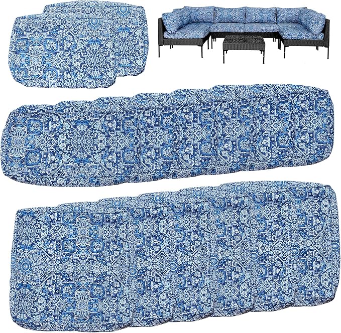 14Pcs Outdoor Cushion Covers Replacement Washable Waterproof UV w/Zipper for 6-Seaters Sofa Patio Slipcovers Set Seat and Back Covers Only (Blue Charming, 25x25x3.15inch)