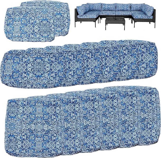 14Pcs Outdoor Cushion Covers Replacement Washable Waterproof UV w/Zipper for 6-Seaters Sofa Patio Slipcovers Set Seat and Back Covers Only (Blue Charming, 25.6x25.6inch)