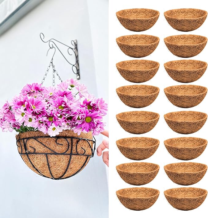 LaLaGreen 10'' (16 Pack, Round) Coconut Liners for Hanging Basket – Bulk Small Coco Coir Fiber Replacement for Pot, Garden Holder, Outdoor Planter – Multi Sizes 10/12/14/16/18/20’’ & Different Shapes