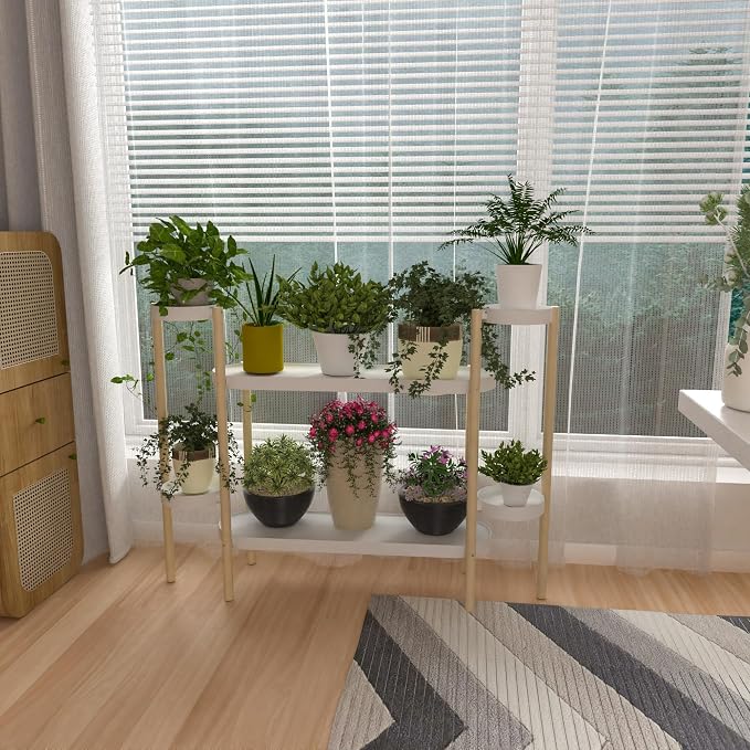 APRTAT Bamboo Plant Stand Indoor, Multi-Level 2 Tier Plant Shelf for Multiple Plants, Wooden Flower Pot Holder for Living Room, Balcony, Window & Patio, Holds 8 Pots, Natural Bamboo (4 Tier Shelf-2)