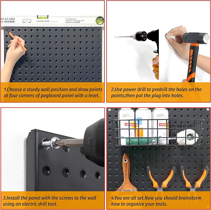 HUHOLE Peg Board Tool Utility Hooks 10 Pack + Metal Black Pegboard 4PC 32" X 32"