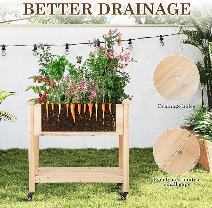 Raised Garden Bed with Lockable Wheels, 32x16x32 inch Elevated Wood Planter with Storage Shelf Protective Liner for Vegetable Flower Herb Outdoor Balcony Patio Backyard, Natural
