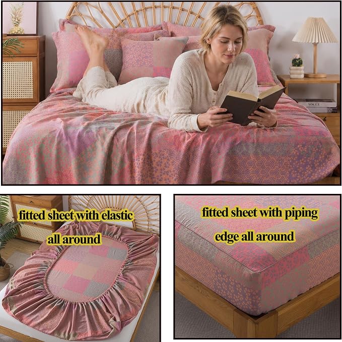 FADFAY Queen Sheets Set 100% Cotton Washed Double Gauze Muslin Bedding 4Pcs Boho Patchwork Checkered Floral Sheets Shabby Geometry Farmhouse Bedding Super Soft Deep Pocket Fitted Sheet, Queen Size