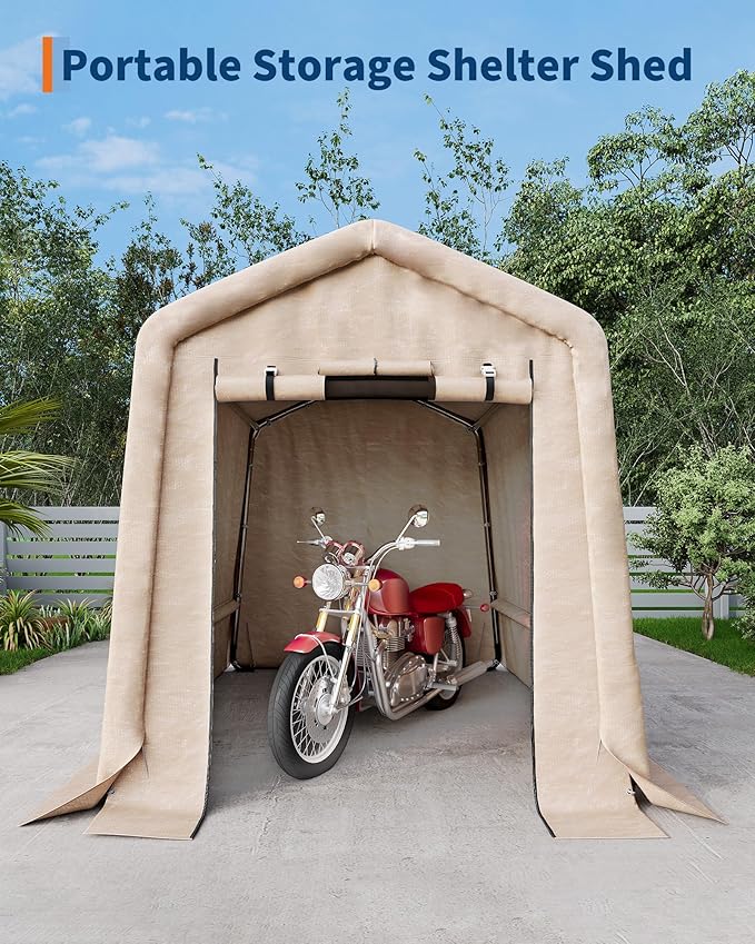GarveeLife 6x8FT Outdoor Portable Storage Shed with Roll-Up Doors & Vent, 240G Heavy-Duty Shelter Waterproof PE Tarp, UV-Resistant Storage Sheds for Motorcycle, Firewood, Garden and Tools, Khaki