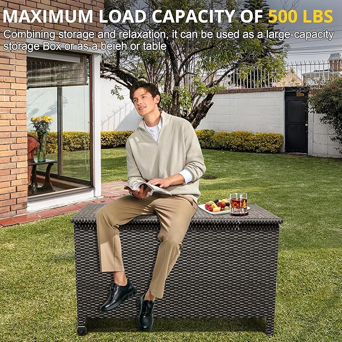 185 Gallon Outdoor Deck Box with Wheels, All-Weather PE Wicker & Aluminum Frame, Waterproof Patio Storage for Cushions, Garden Tools, Pool Toys, Lockable Gray Storage Box with Soft-Close Lid