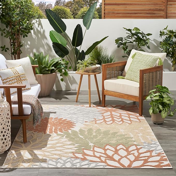 Nourison Home Aloha Indoor/Outdoor Ivory Multicolor 6' x 9' Area Rug, Easy Cleaning, Non Shedding, Bed Room, Living Room, Dining Room, Backyard, Deck, Patio (6x9)