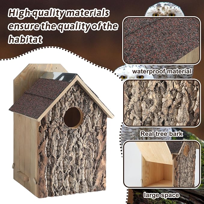 Weysat 1 Pack Screech Owl House for Outdoor Owl Nesting Box for Outside 12 x 12 x 19 Inch Cedar Wood Weather Resist Hang Handcraft Bark Shelter for Owls Bird Wildlife Lovers Garden Decor Easy Assembly