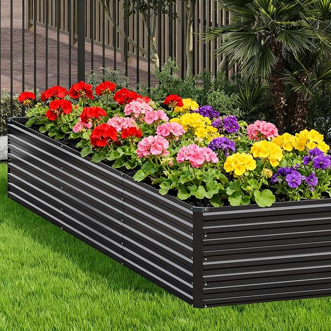 Vengarus 12x4x2FT Galvanized Raised Garden Bed Kit, Deep Root Planter Box Outdoor Large Planter Raised Beds for Planting Flowers,Vegetables and Herbs-Black