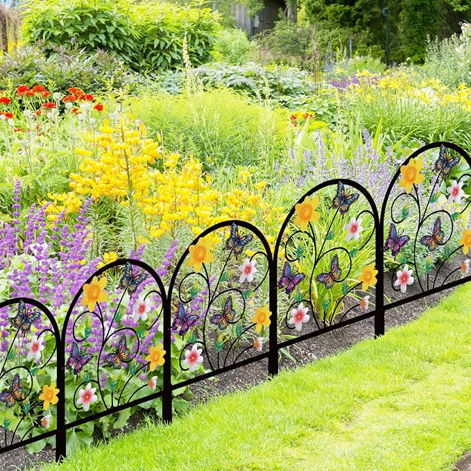8 Pack Butterfly Decorative Garden Fence Metal Butterfly Flower Design Metal Arch Garden Fence Border for Yard Patio Flower Bed Lawn Outdoor Landscape Decoration Animal Barrier Fence for Garden