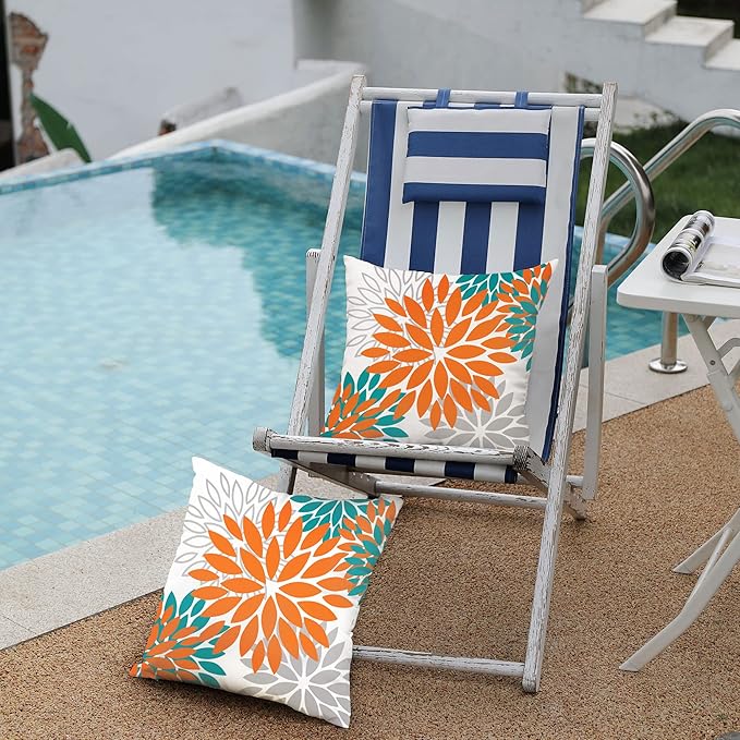 DFXSZ Orange Flower Pillow Covers 18x18 Inch Set of 2 Fall Throw Pillows Outdoor Waterproof Decor for Living Room Sofa Patio Funiture Garden Floral Polyester Pillow Covers 002N18