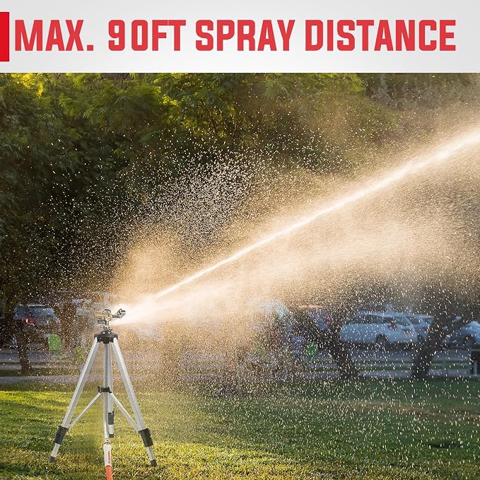 YAMATIC Tripod Impact Sprinkler for Yard Large Area, Heavy Duty Metal Lawn and Garden Sprinkler, 18"-36" Adjustable Height, 20°-360° Rotation Control, 3/4" Brass Quick Connect for Garden Hose, 1 Pack