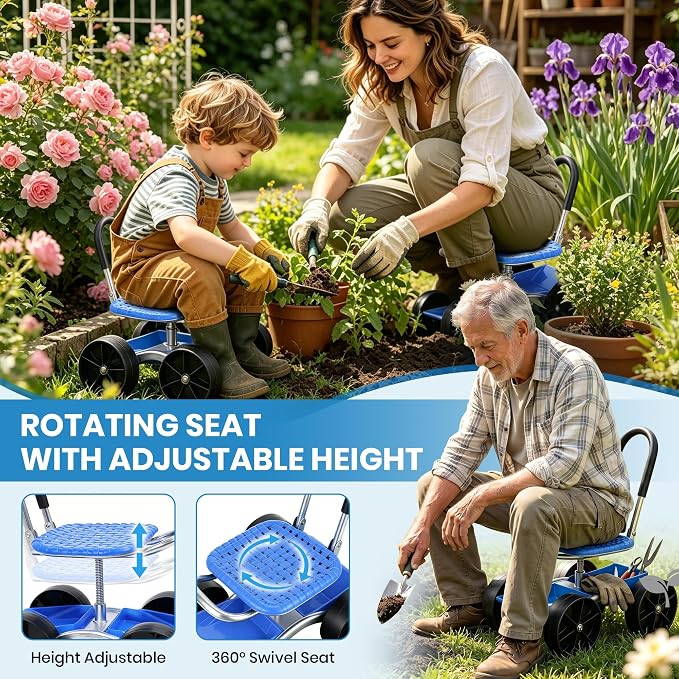 Rolling Garden Cart with 360° Swivel Seat, Garden Stool with Under-Seat Tray, 6” All-terrain Wheels, Height Adjustment, Use for Patio, Yard, and Outdoors, Gardening Gifts for Women, Parents, Seniors