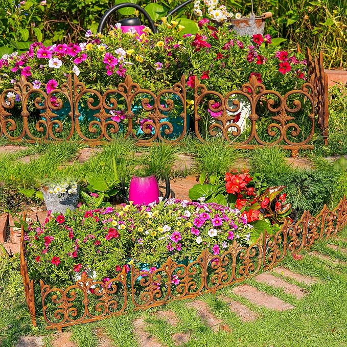 Sungmor Decorative Cast Iron Garden Edging, 4 Pack Full Rusted Victorian Garden Edging Landscape Border, Vintage Metal Yard Stake Low Picket Fence, 10.6" Tall Outdoor Flower Bed Lawn Fence Panels