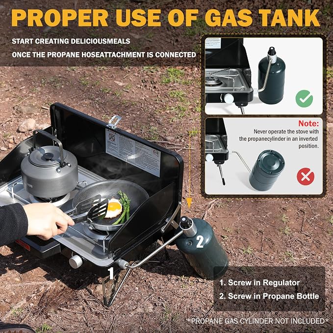 Feasto 2 Burner Propane Camping Stove with Folding Legs, Outdoor Portable Camp Stove with Push-Button Ignition & Wind Guards for Camping, Tailgating, BBQ, & More, Black