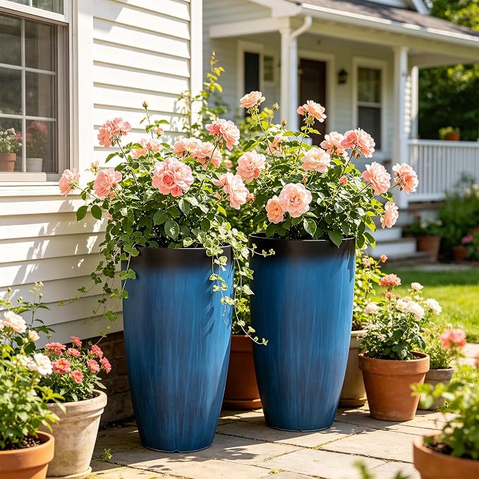 23.75" Round Tall Planters, 2-Pack Large Flower Pots for Indoor Outdoor Plants, UV-Protect PP Container for Garden Patio Yard Balcony Porch or Home Decor, Artistic Floating Cobalt Blue Glaze