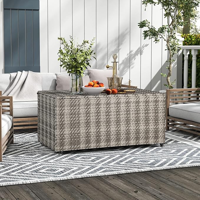 Giantex 96-Gallon Outdoor Storage Box - PE Wicker Deck Box with Lid, 4 Wheels, Waterproof Liner, outside Rattan Storage Container for Patio Cushions, Garden Tools Accessories Storage Box (Mix Gray)