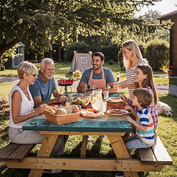 Fitted Waterproof Picnic Table Cover with Bench Covers Heavy Duty Elastic Outdoor Camping Tablecloth for 8 Foot Rectangle Tables Summer Rv Accessories Patio Garden Road Trip Essentials Gifts
