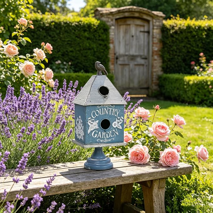 Rustic Blue Metal Bird House, Decorative Bird House with Country Garden Accents & Bird Topper, Standing Design Bird Home - Ideal Outdoor Garden Decor (Blue-Garden)