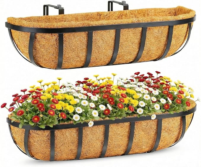 Y&M 2pcs 24 Inch Window Deck with Coco Liner, 24" Window Boxes Horse Trough with Coconut Coir Liner, Black Metal Hanging Flower Planter Window Basket Deck Railing Planter Boxes for Outdoor Indoor