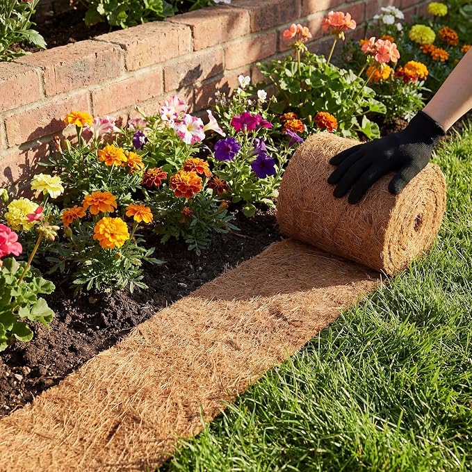 Tinideya 6 Pcs Natural Mulch Roll for Landscaping 118'' x 4.5'' Per Roll Coconut Fiber Mulch Mat with 60 U-Shaped Steel Stakes Cuttable Coconut Liner for Garden Edgings Wrap Trunk Planter Pet Pad